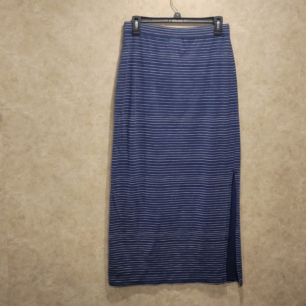 Life is Good SZ S Blue Nautical Maxi Stripe Casual Beachy Skirt W/Slit Pull On - Picture 3 of 10